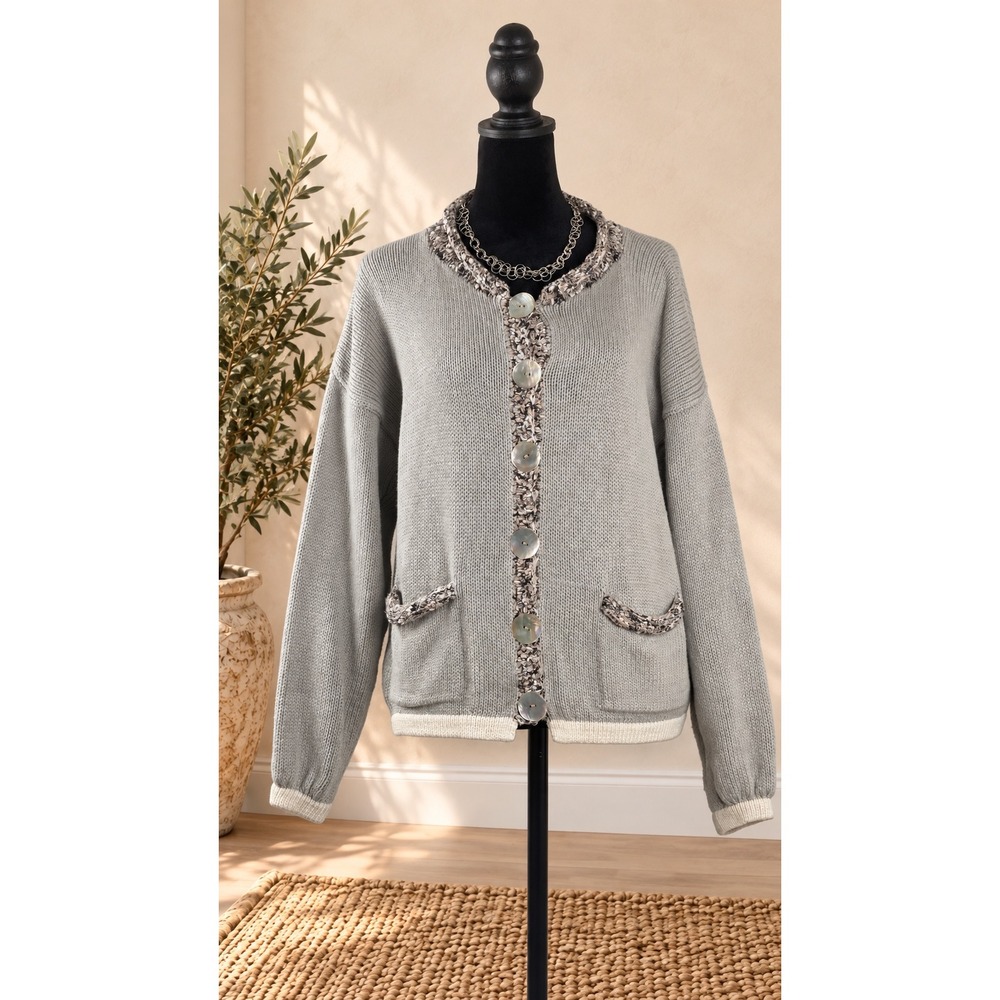 Ani Barrie Vintage 90s Art to Wear Cardigan Grey Cotton Blend Knit Large USA